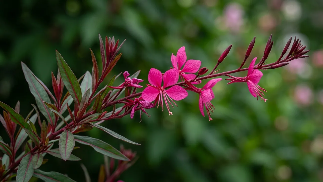 Belleza Dark Pink Gaura (Oenothera lindheimeri 'KLEAU04263') - pink flowers, illustrated plant card