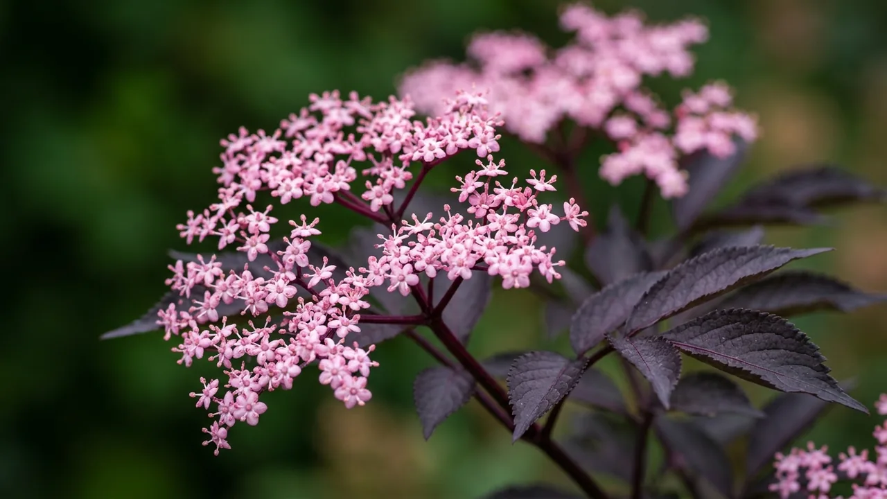 Black Beauty Elderberry (Sambucus nigra 'Gerda') - foliage plant, illustrated plant card
