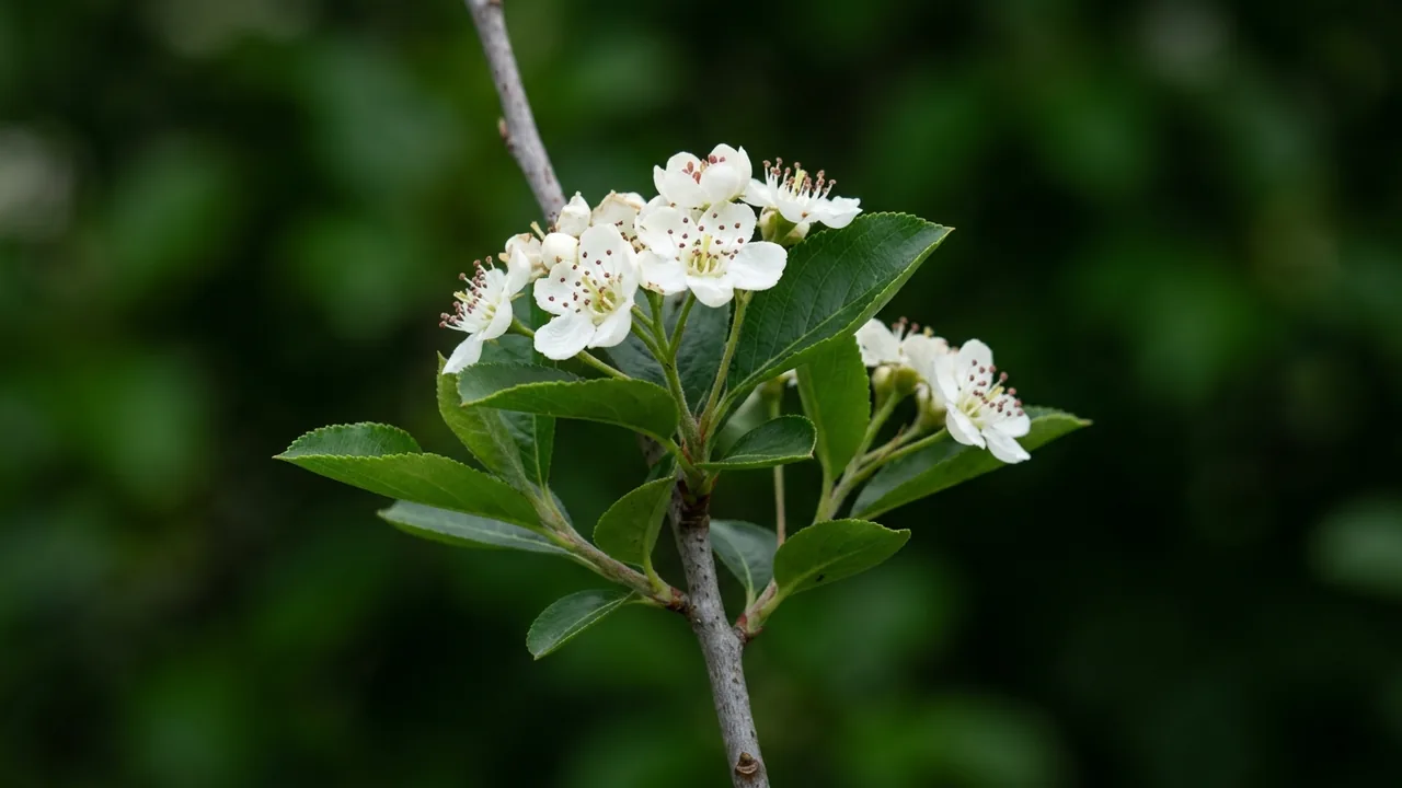 Black Chokeberry (Aronia melanocarpa) - white flowers, illustrated plant card