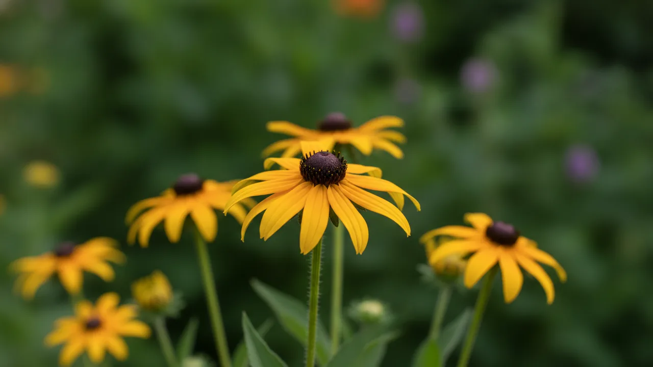 American Gold Rush (Rudbeckia 'American Gold Rush') - yellow flowers, illustrated plant card
