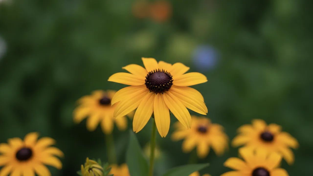 Indian Summer (Rudbeckia hirta 'Indian Summer') - yellow flowers, illustrated plant card