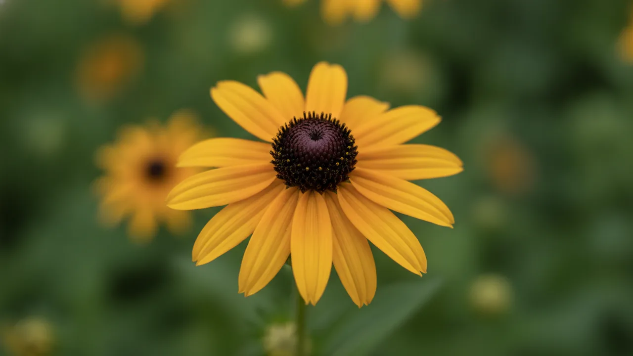 Prairie Sun (Rudbeckia hirta 'Prairie Sun') - yellow flowers, illustrated plant card