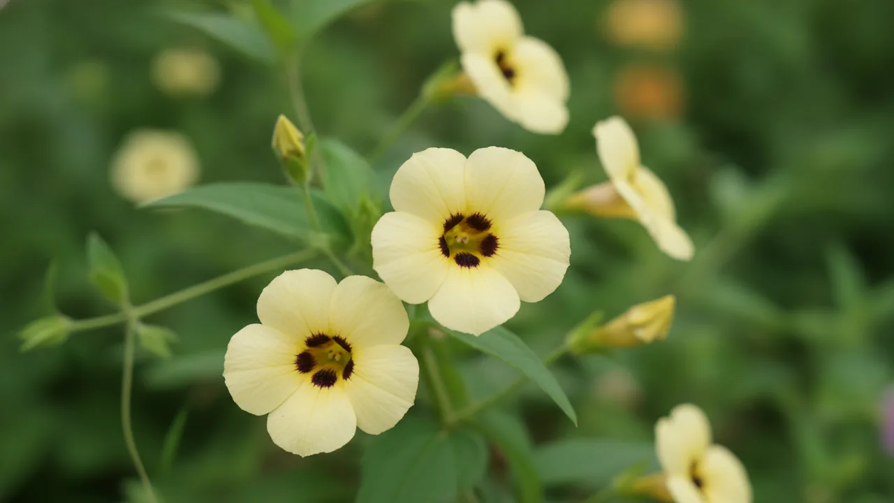 Bright Eyes (Thunbergia alata 'Bright Eyes') - white flowers, illustrated plant card