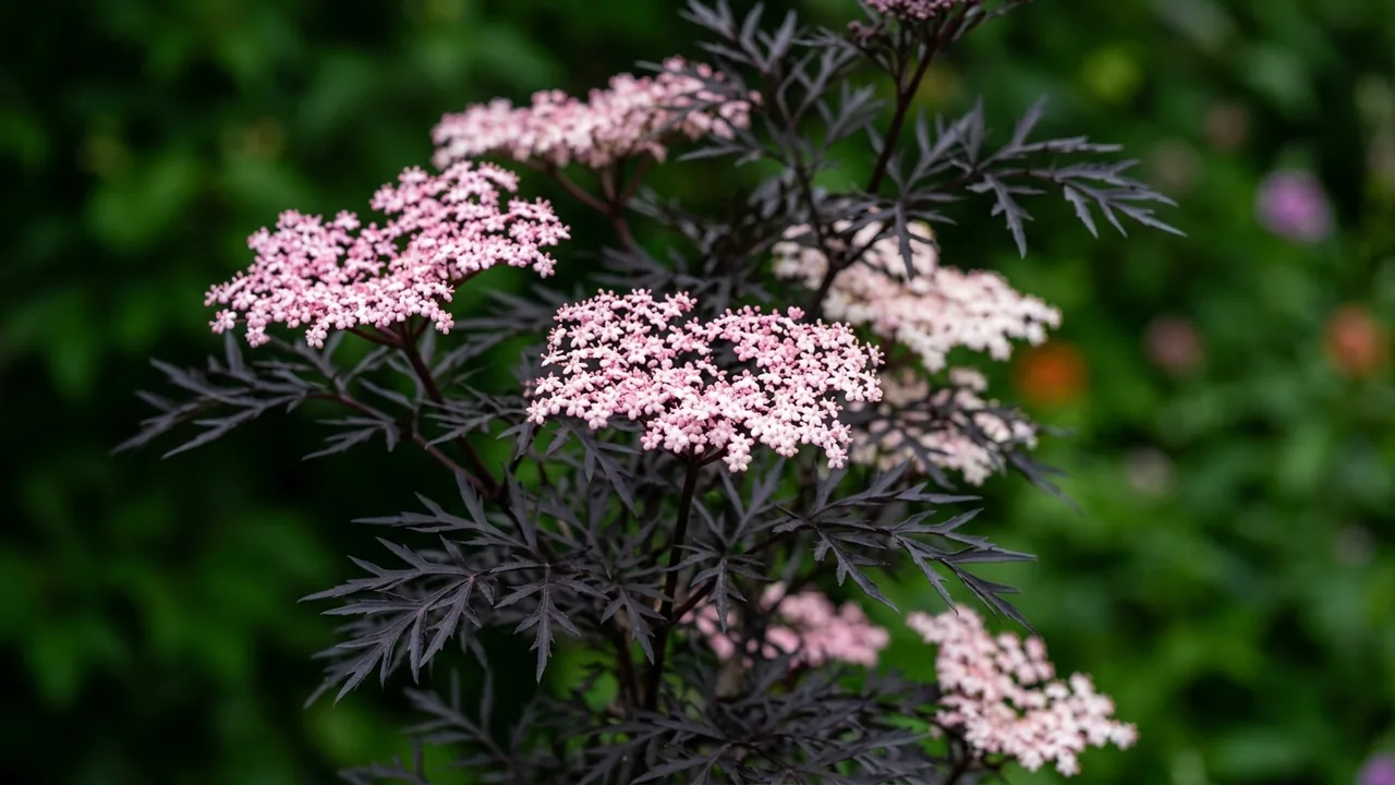 Black Lace Elderberry (Sambucus nigra 'Eva') - foliage plant, illustrated plant card