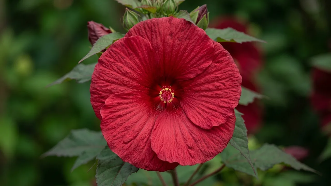Blackberry Merlot Hibiscus (Hibiscus 'Blackberry Merlot') - red flowers, illustrated plant card