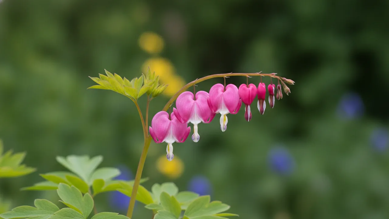Gold Heart (Lamprocapnos spectabilis 'Gold Heart') - pink flowers, illustrated plant card