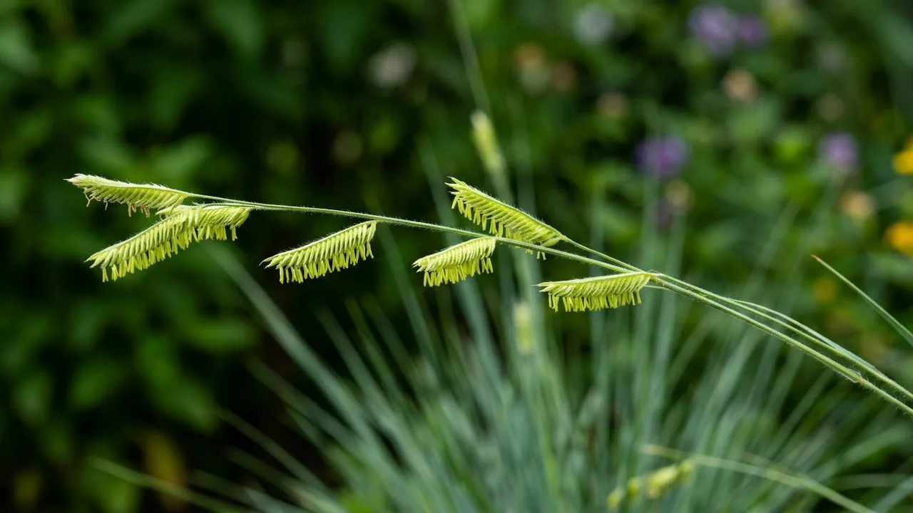 Blonde Ambition Blue Grama Grass (Bouteloua gracilis 'Blonde Ambition') - yellow flowers, illustrated plant card
