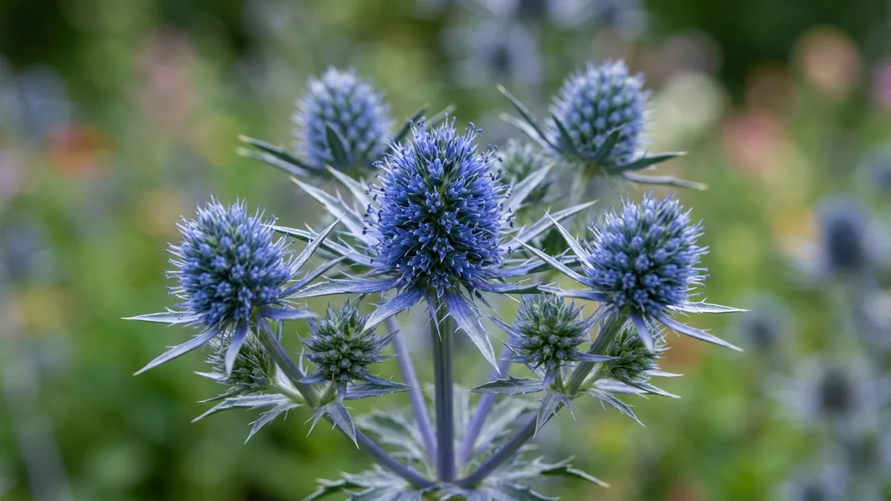 Blue Glitter Sea Holly (Eryngium planum 'Blue Glitter') - blue flowers, illustrated plant card