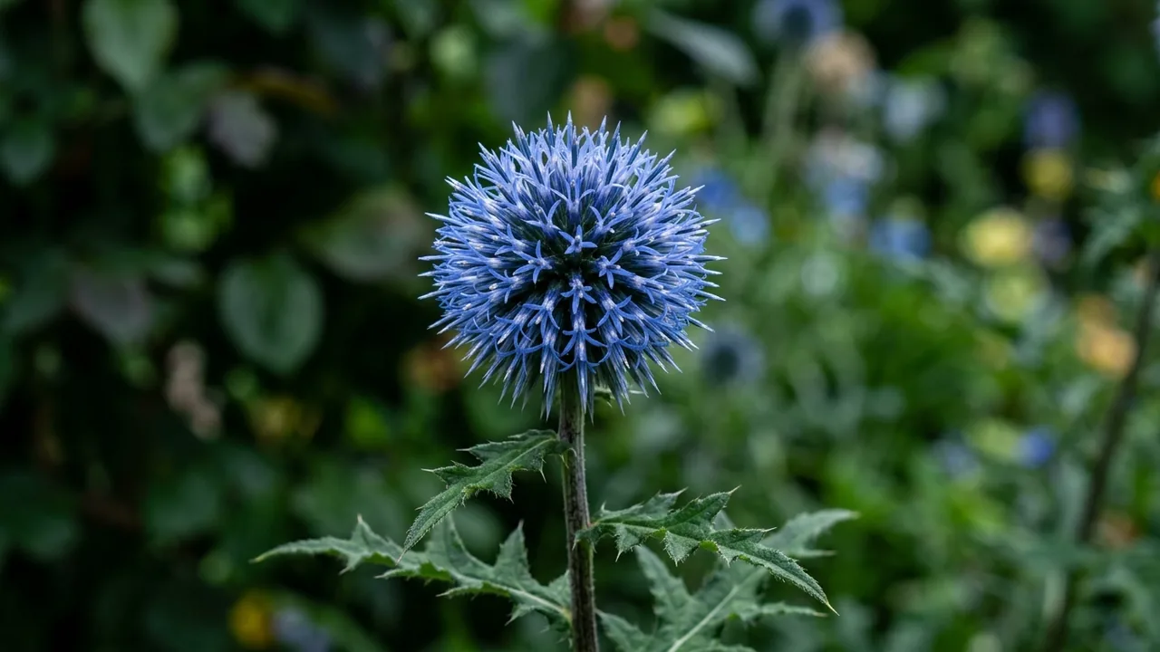Blue Glow Globe Thistle (Echinops bannaticus 'Blue Glow') - blue flowers, illustrated plant card