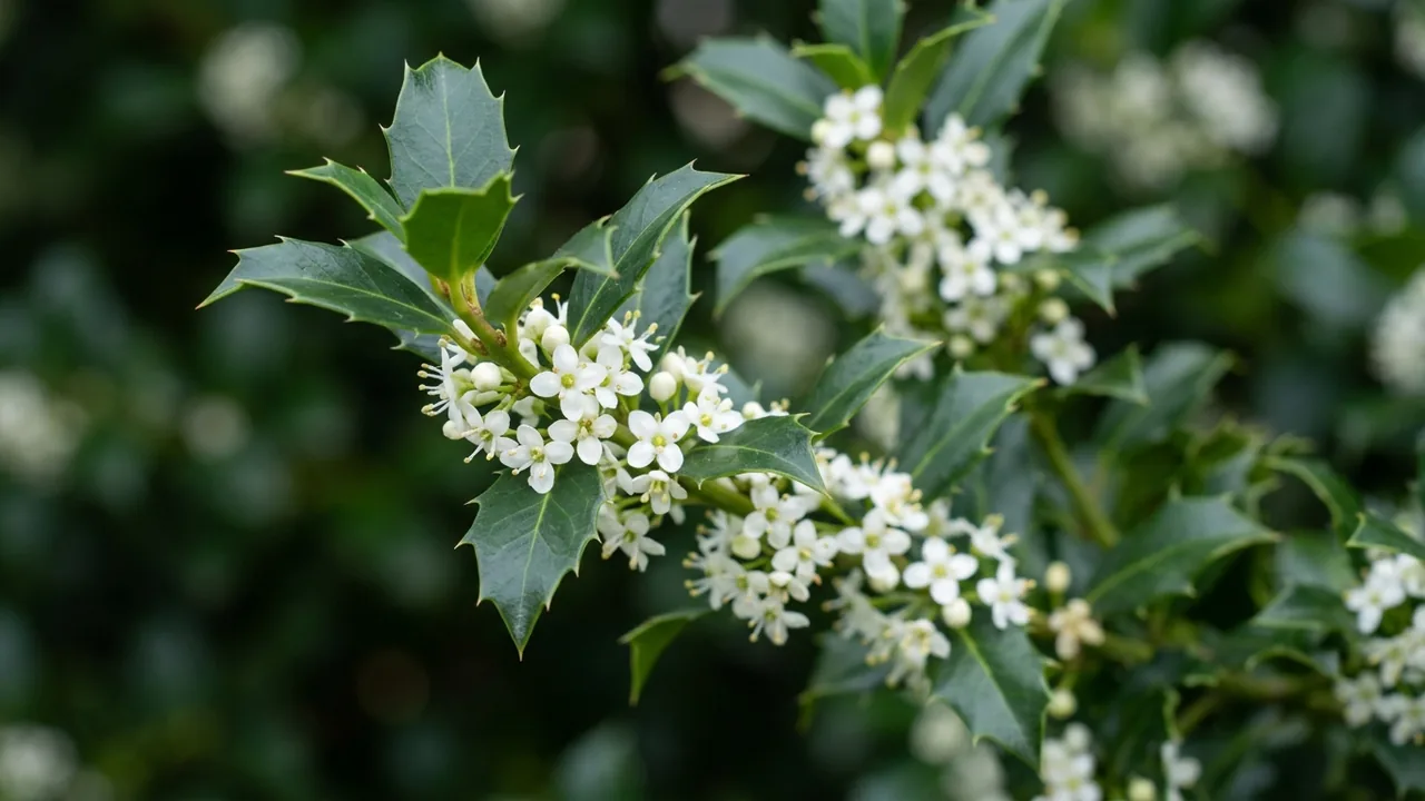 Blue Maid Holly (Ilex × meserveae 'Mesid') - white flowers, illustrated plant card