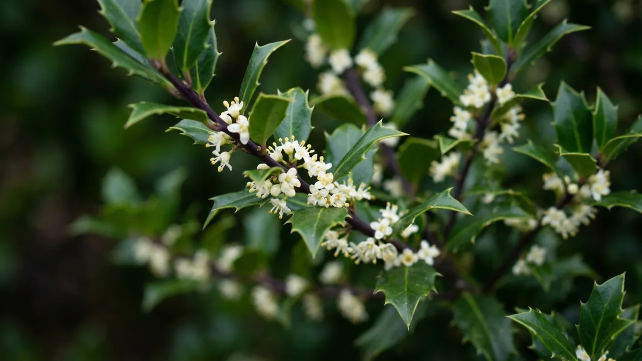 Blue Prince Holly (Ilex × meserveae 'Blue Prince') - white flowers, illustrated plant card