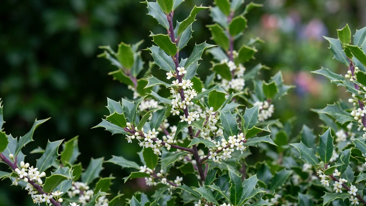Blue Princess Holly (Ilex × meserveae 'Blue Princess') - white flowers, illustrated plant card