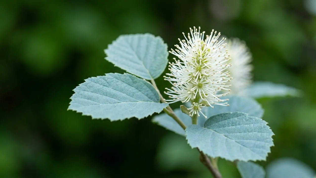 Blue Shadow Fothergilla (Fothergilla × intermedia 'Blue Shadow') - foliage plant, illustrated plant card