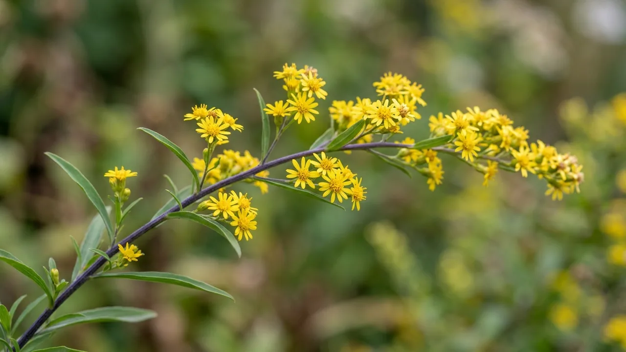 Blue-Stemmed Goldenrod (Solidago caesia) - yellow flowers, illustrated plant card