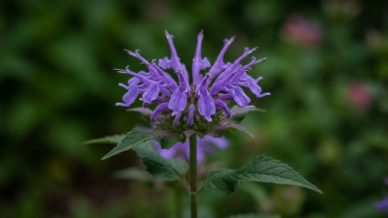 Blue Stocking Bee Balm (Monarda 'Blaustrumpf') - purple flowers, illustrated plant card