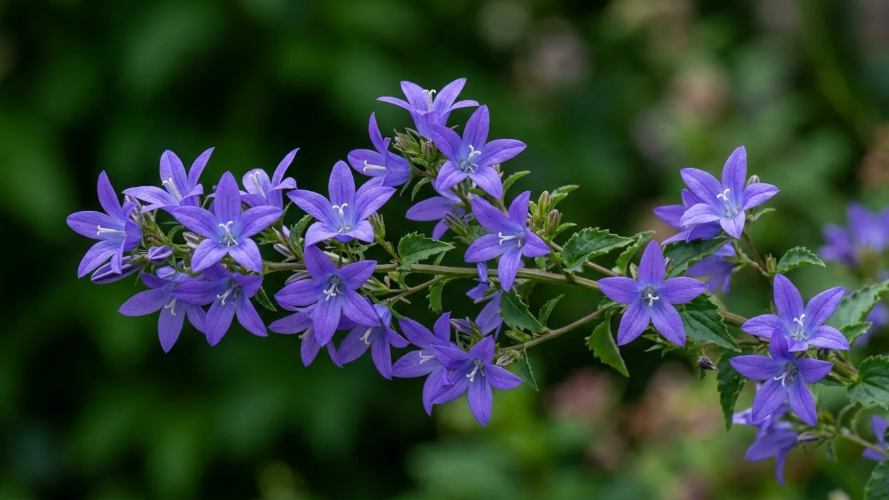 Blue Waterfall Bellflower (Campanula poscharskyana 'Camgood') - blue flowers, illustrated plant card