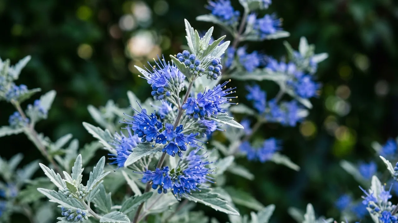 Bluebeard (Caryopteris × clandonensis) - blue flowers, illustrated plant card