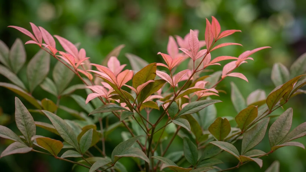 Blush Pink Nandina (Nandina domestica 'AKA') - foliage plant, illustrated plant card