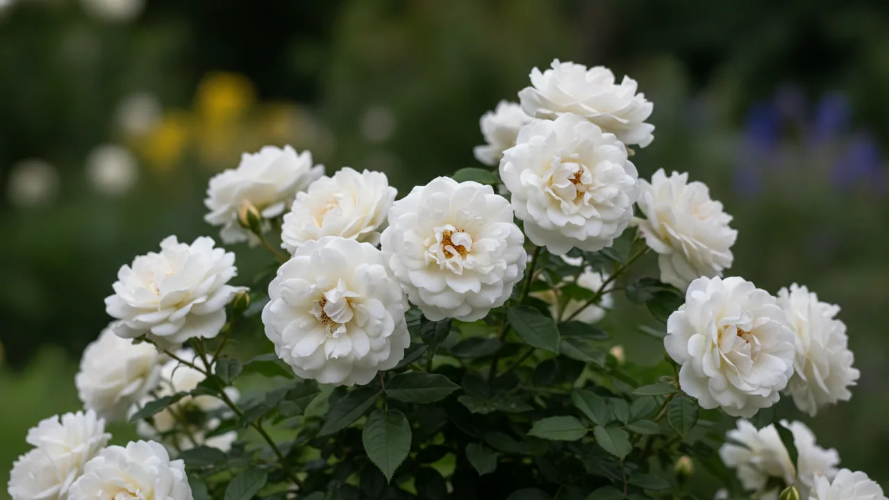 Bolero (Rosa 'Meidelweis') - white flowers, illustrated plant card