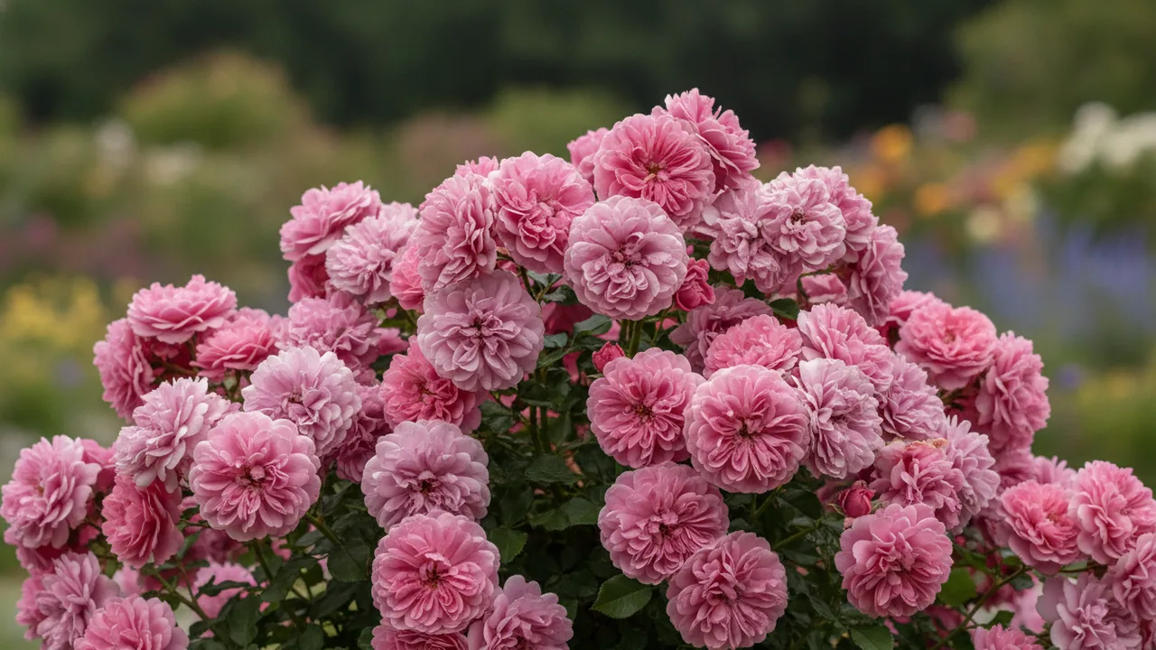 Bonica (Rosa 'Meidomonac') - pink flowers, illustrated plant card