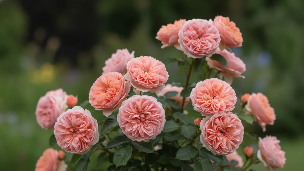 Boscobel (Rosa 'Auscousin') - pink flowers, illustrated plant card