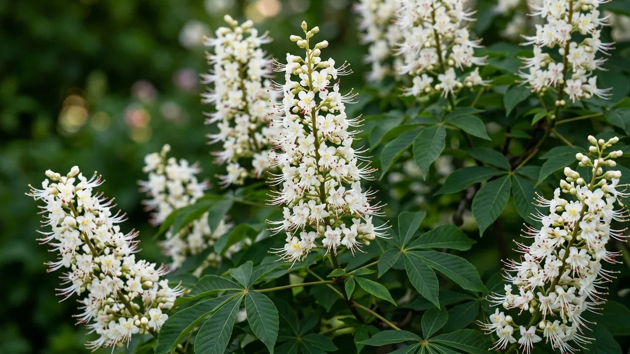 Bottlebrush Buckeye (Aesculus parviflora) - white flowers, illustrated plant card
