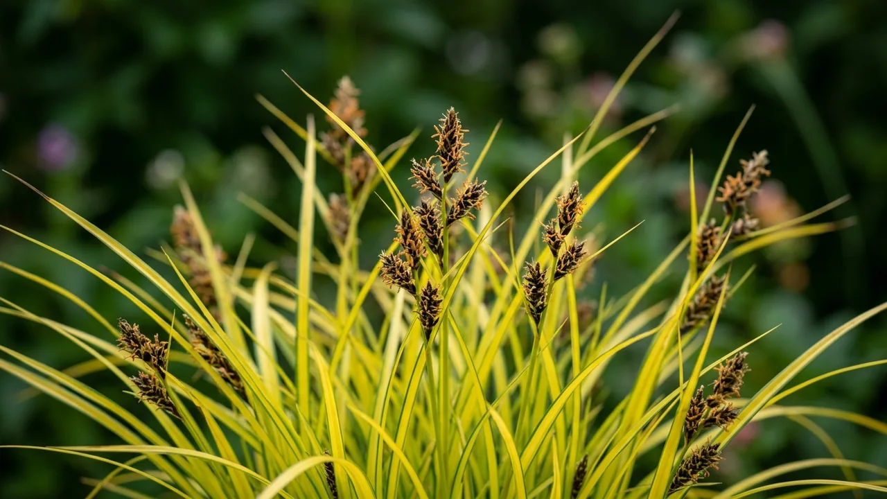 Bowles' Golden Sedge (Carex elata 'Aurea') - foliage plant, illustrated plant card