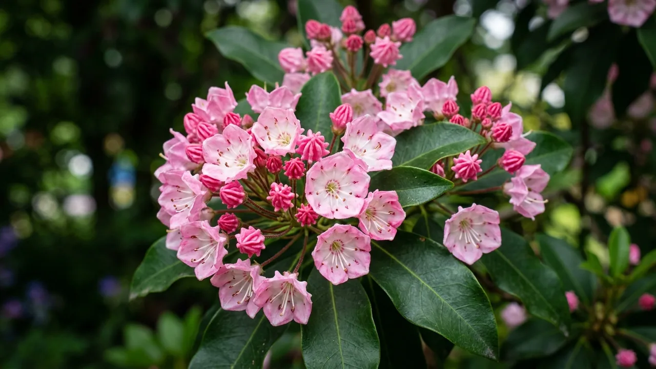 Bridesmaid Mountain Laurel (Kalmia latifolia 'Bridesmaid') - pink flowers, illustrated plant card