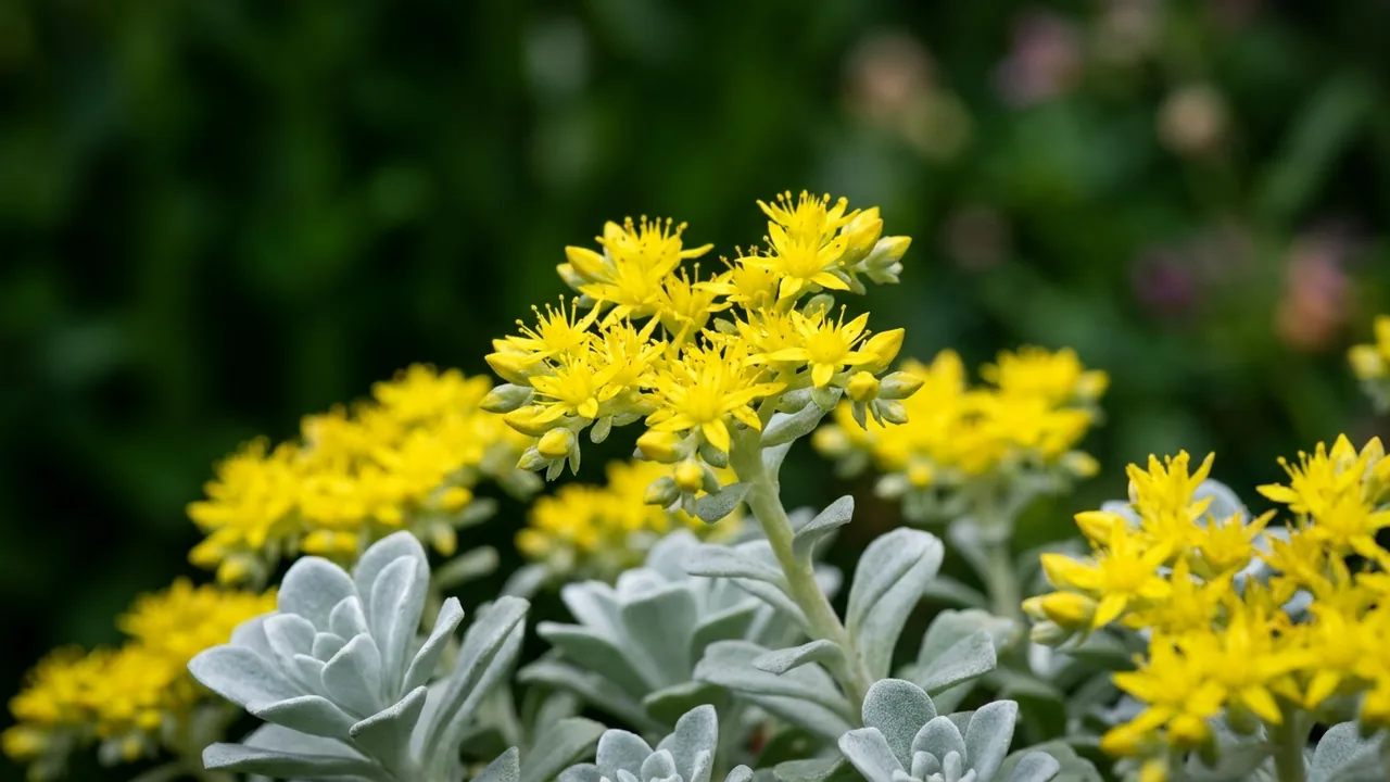 Broadleaf Stonecrop (Sedum spathulifolium) - yellow flowers, illustrated plant card