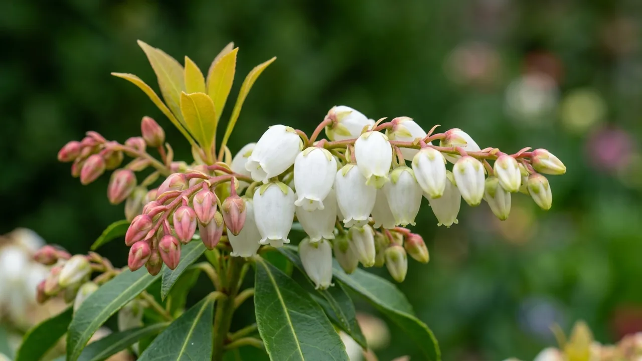 Brouwers Beauty Pieris (Pieris 'Brouwer's Beauty') - white flowers, illustrated plant card