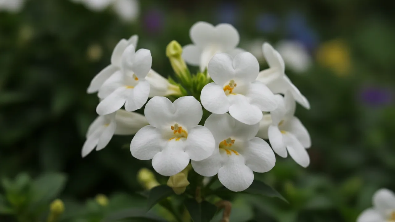 White Browallia (Browallia speciosa) - white flowers, illustrated plant card