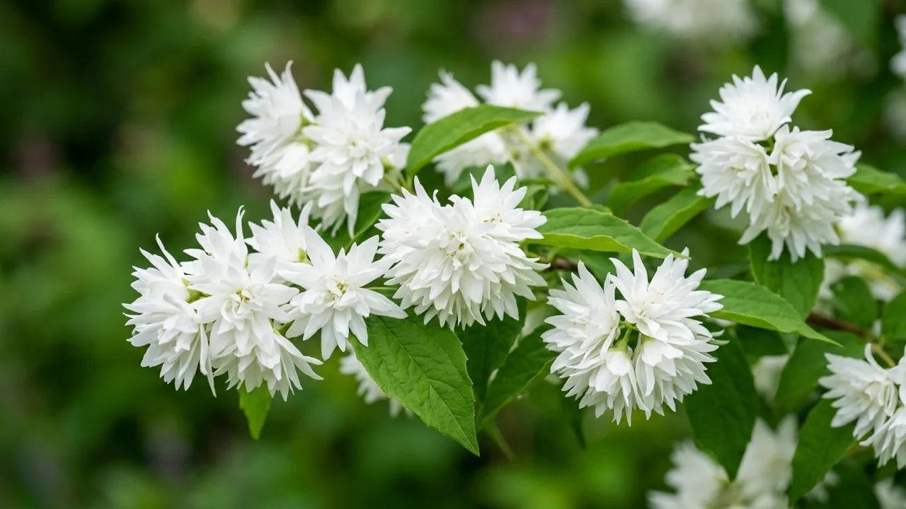 Buckley's Quill Mock Orange (Philadelphus 'Buckley's Quill') - white flowers, illustrated plant card