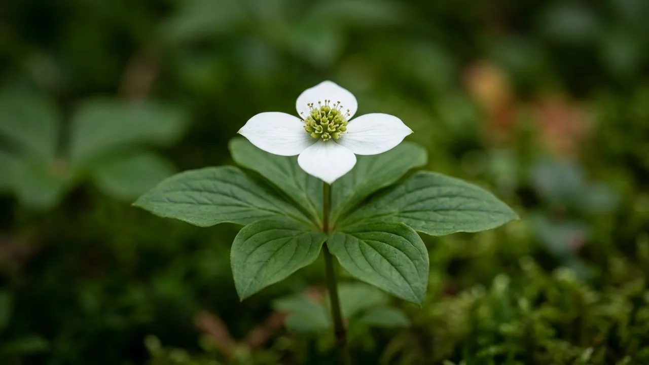 Bunchberry (Cornus canadensis) - white flowers, illustrated plant card