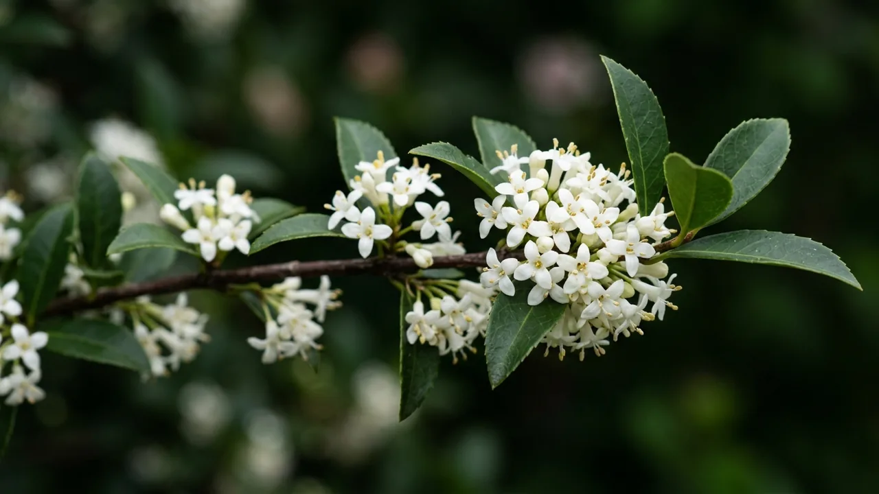 Burkwood Osmanthus (Osmanthus × burkwoodii) - white flowers, illustrated plant card