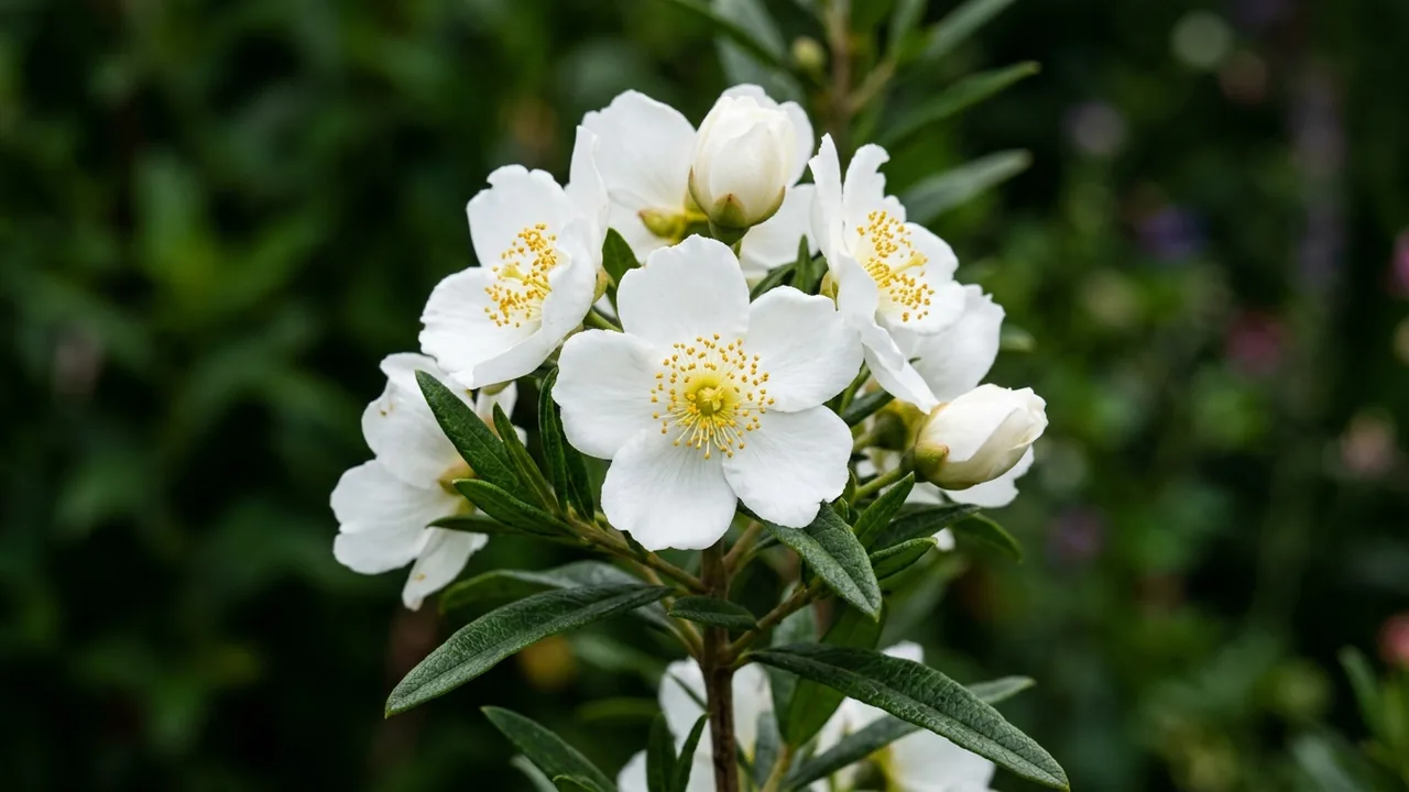 Bush Anemone (Carpenteria californica) - white flowers, illustrated plant card