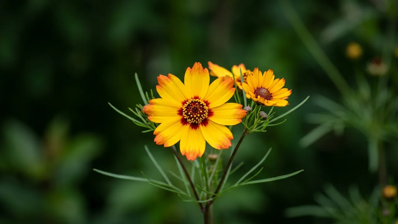Butter Rum Tickseed (Coreopsis 'Butter Rum') - yellow flowers, illustrated plant card