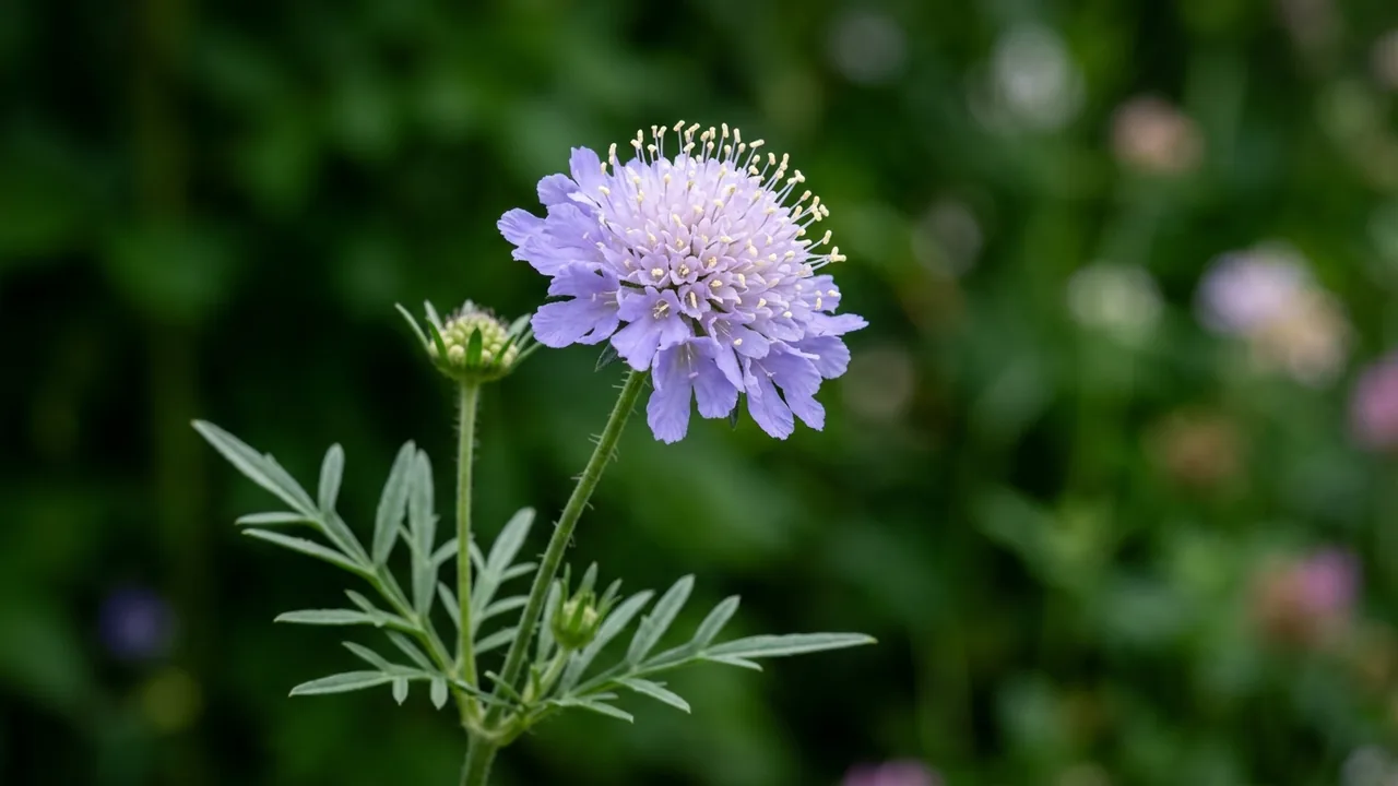 Butterfly Blue Pincushion Flower (Scabiosa columbaria 'Butterfly Blue') - blue flowers, illustrated plant card