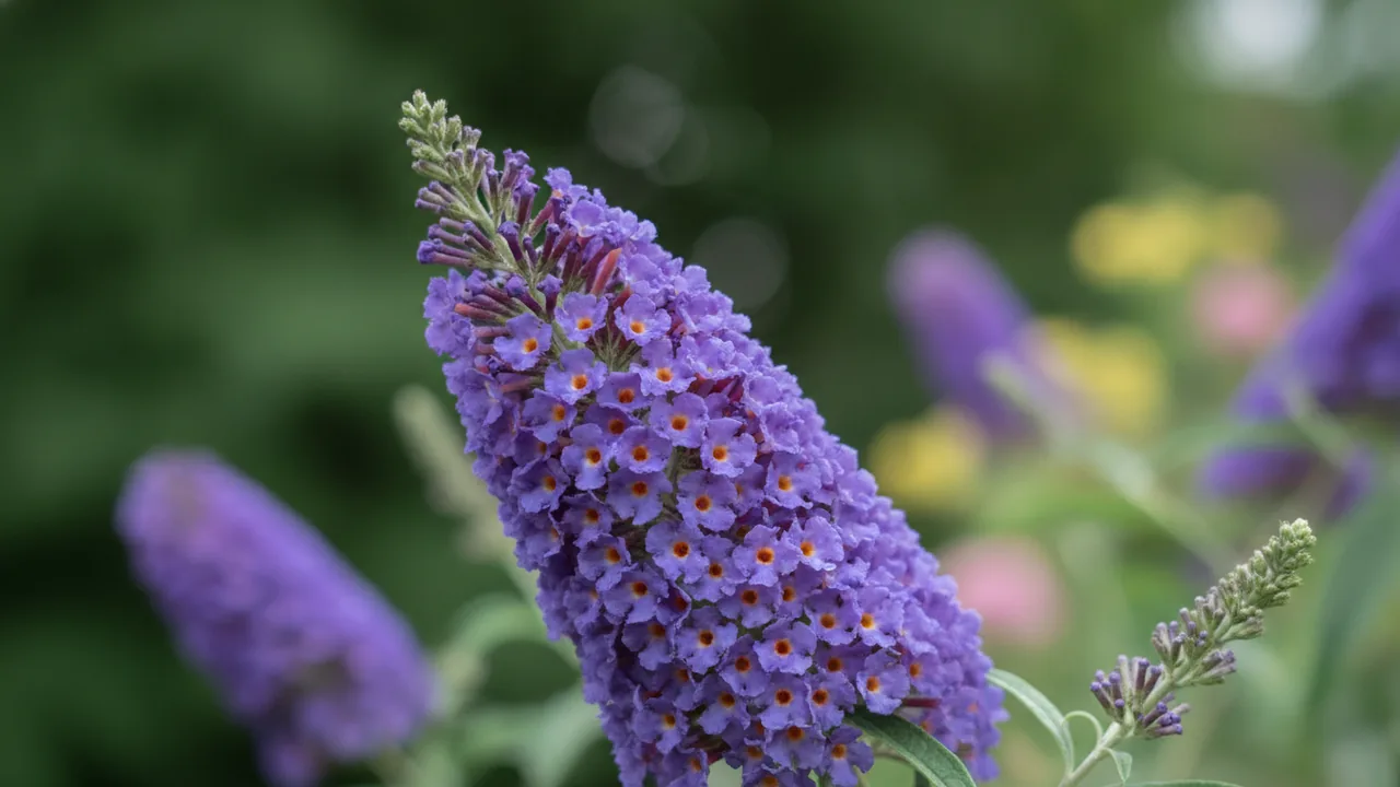 Blue Chip (Buddleia 'Lo & Behold Blue Chip') - blue flowers, illustrated plant card