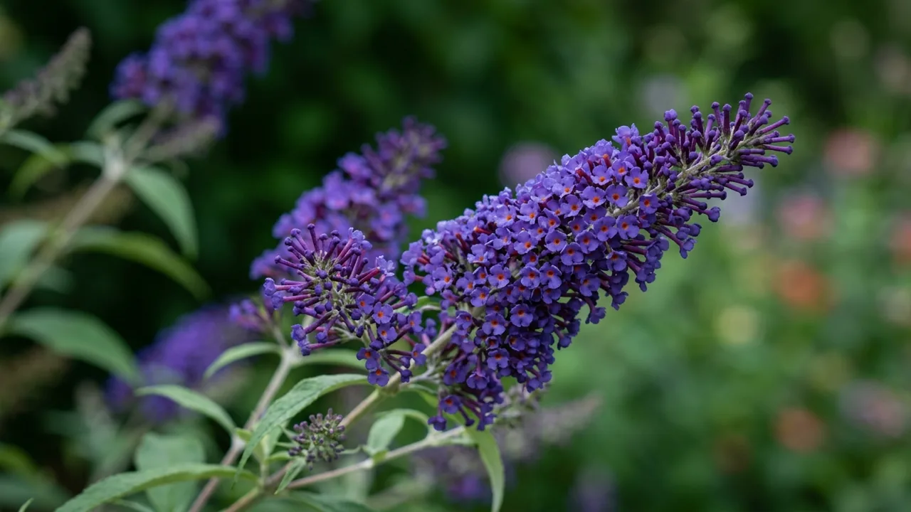 Blueberry Pie Butterfly Bush (Buddleia 'PODARASNGA 9-15') - blue flowers, illustrated plant card