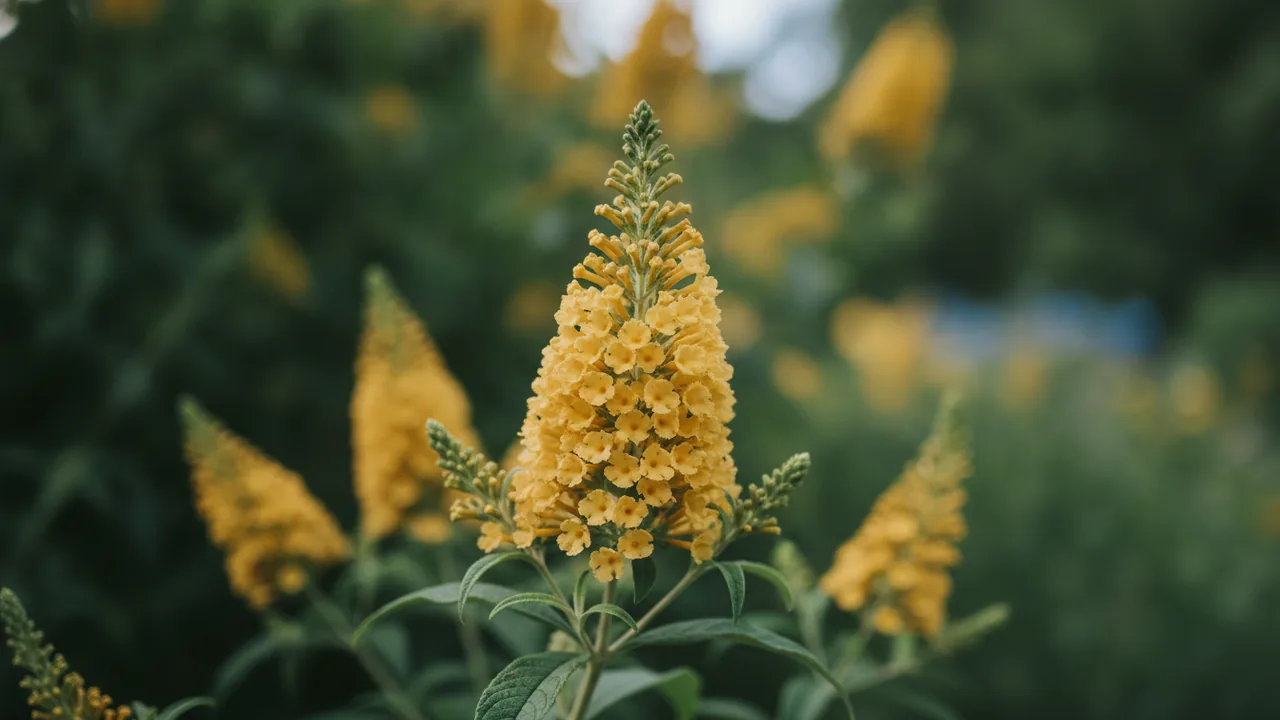 Honeycomb (Buddleia × weyeriana 'Honeycomb') - yellow flowers, illustrated plant card