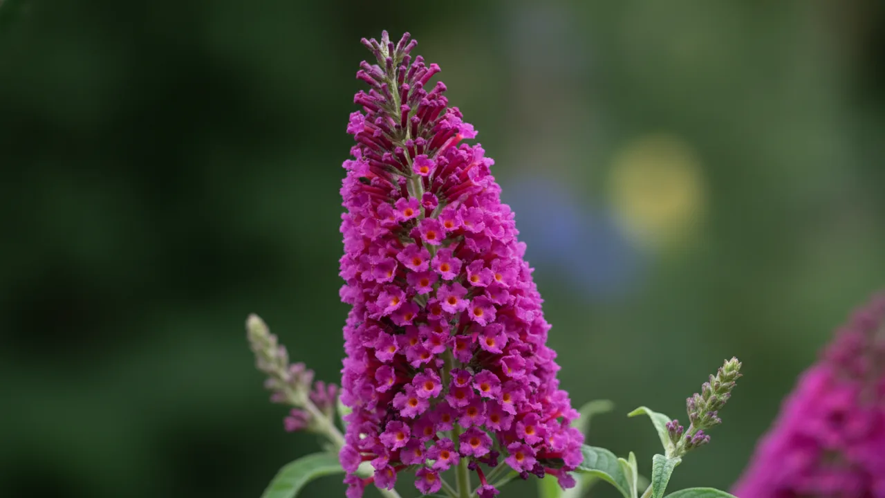 Miss Ruby (Buddleia 'Miss Ruby') - pink flowers, illustrated plant card