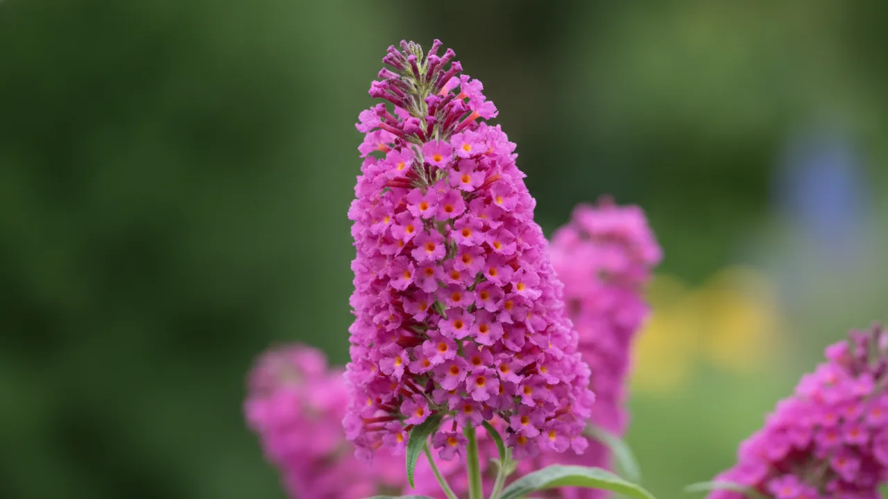 Pink Delight (Buddleia davidii 'Pink Delight') - pink flowers, illustrated plant card