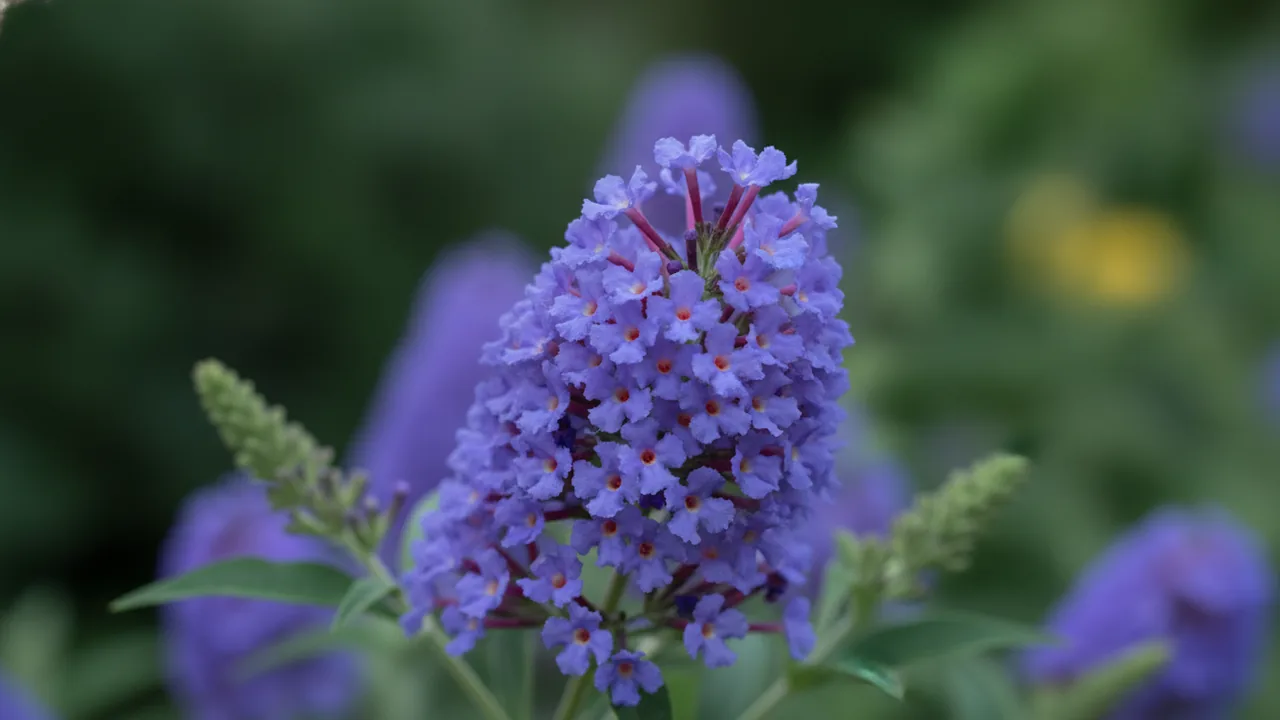 Pugster Blue (Buddleia 'Pugster Blue') - blue flowers, illustrated plant card