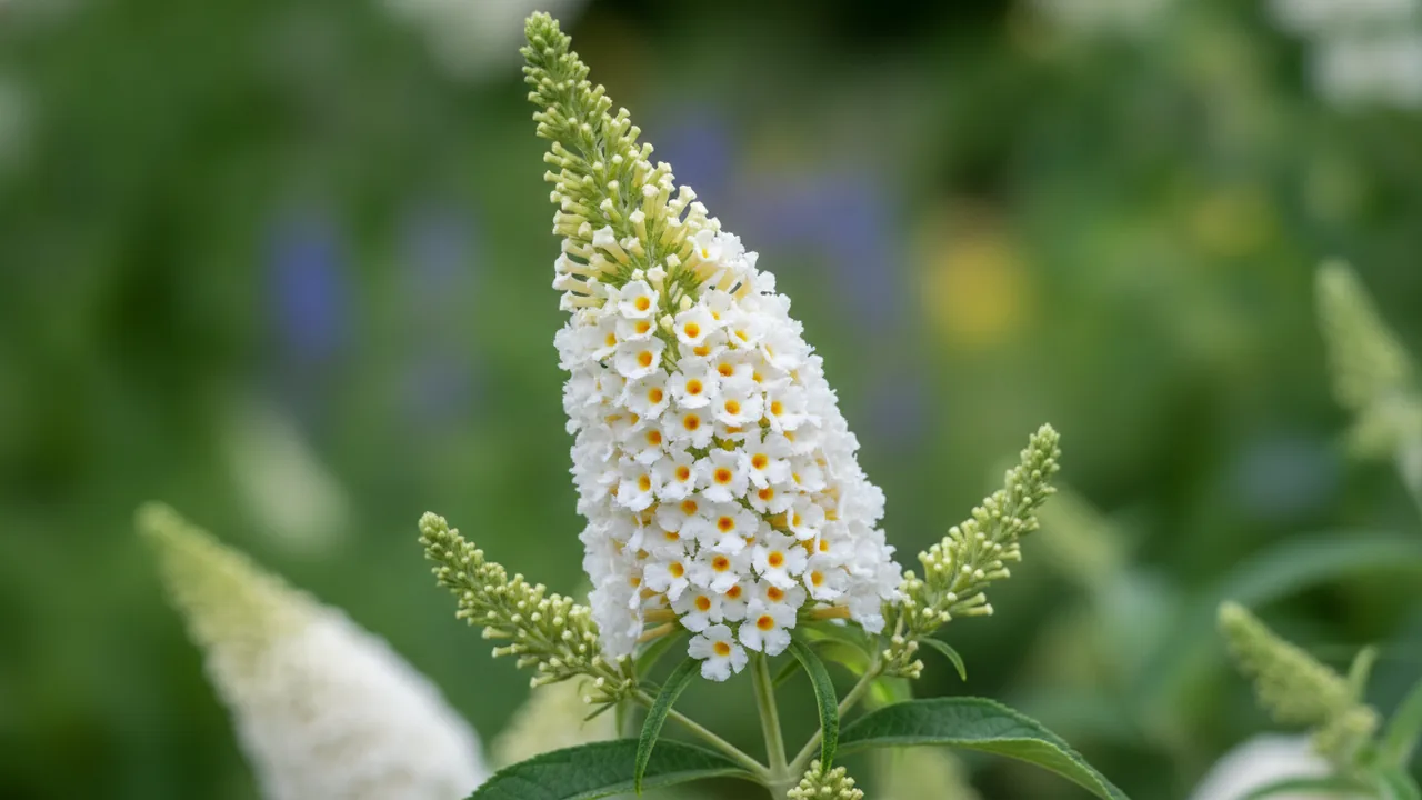 White Profusion (Buddleia davidii 'White Profusion') - white flowers, illustrated plant card