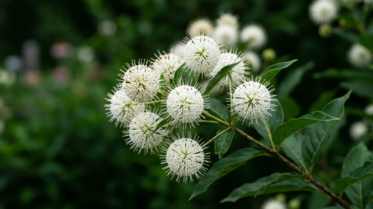 Sugar Shack Buttonbush (Cephalanthus occidentalis 'SMCOSS') - white flowers, illustrated plant card