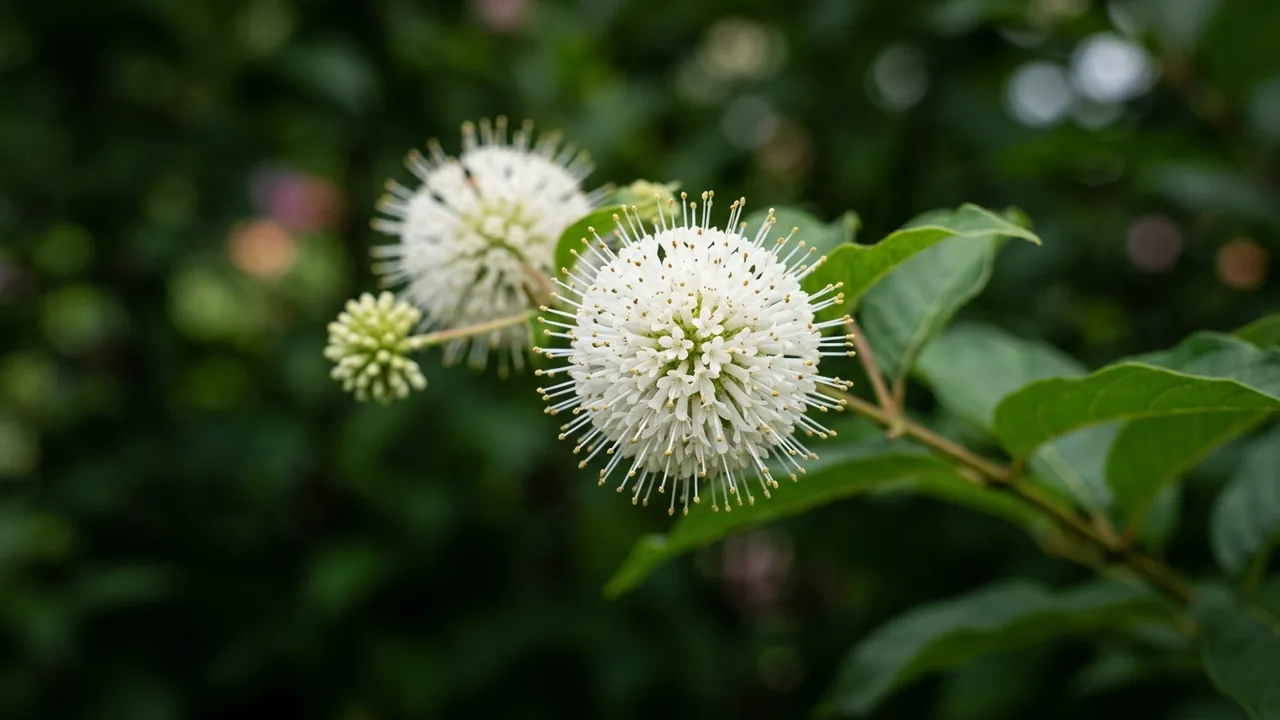 Buttonbush (Cephalanthus occidentalis) - white flowers, illustrated plant card