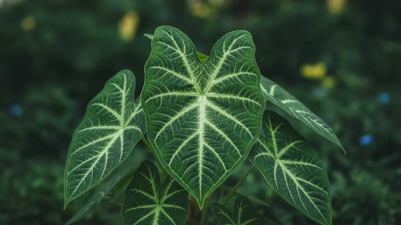 Green Caladium (Caladium) - foliage plant, illustrated plant card