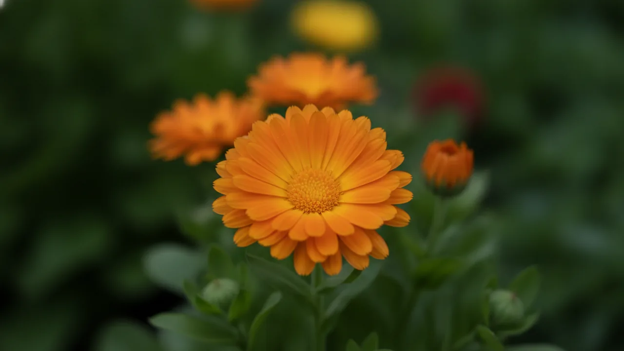 Indian Prince (Calendula officinalis) - orange flowers, illustrated plant card