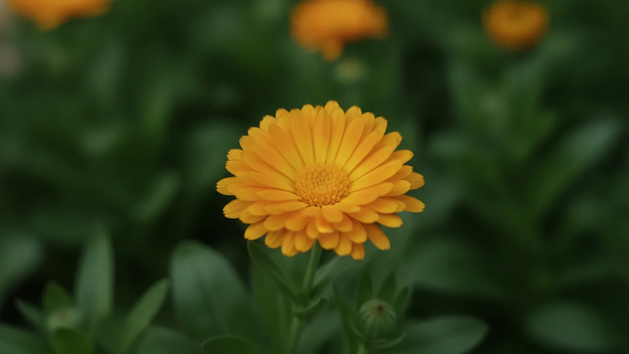 Yellow Calendula (Calendula officinalis) - yellow flowers, illustrated plant card