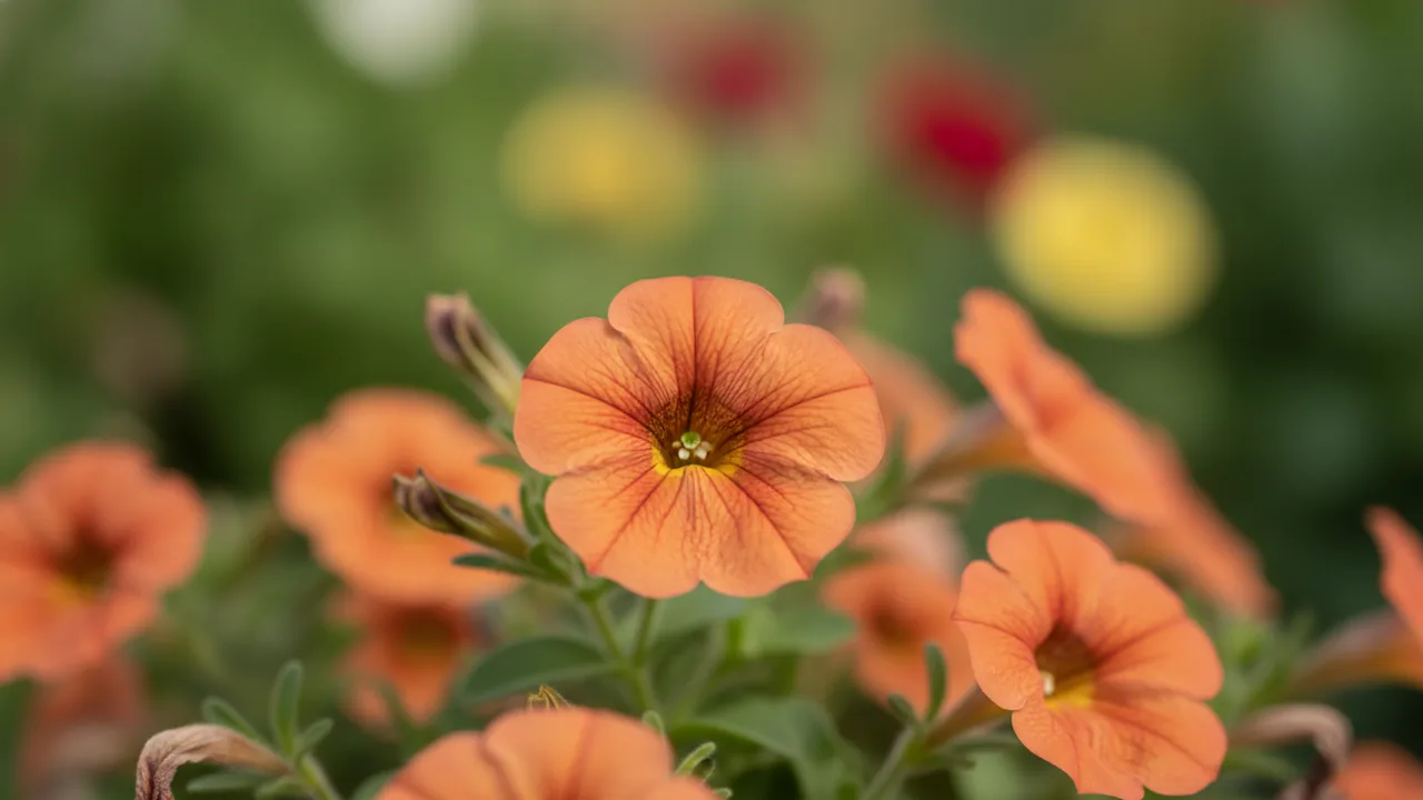 Superbells Tangerine Punch (Calibrachoa 'Superbells Tangerine Punch') - orange flowers, illustrated plant card